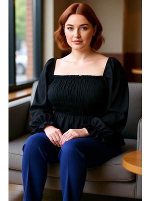 FRM Kadın Moda Şık Büyük Beden Crop Kare Yaka Büzgülü/fırfırlı Kol Fitted Kalıp Dokuma Gipeli Bluz