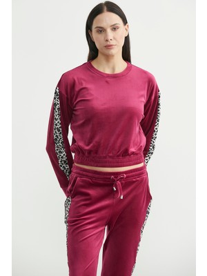 Sementa Leopar Kombinli Kadife Eşofman Takım - Fuşya