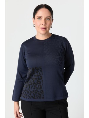 Accort Büyük Beden Leopar Desenli Triko Kazak-Lacı