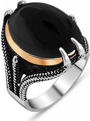 Gumush Gümüş Siyah Taşlı Kartal Pençesi Erkek Yüzük - 32