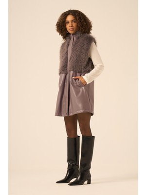 Ftz Women Bayan Pelüs Detay Deri Yelek  Füme 31243