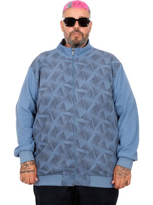 ModeXL Mode Büyük Beden Erkek Hırka Dik Yaka Mavi %65 Pamuk %35 Polyester Desenli 7XL