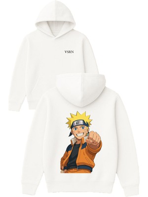 Vsrn Sarışın Mavi Gözlü Anime Tasarım Baskılı Oversize Beyaz Kapüşonlu Sweatshirt
