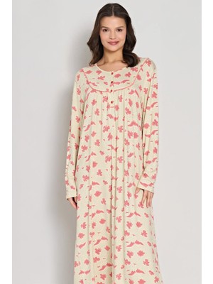 Pijadore Kadın Uzun Kol Düğmeli Yaka Çiçek Desenli Uzun Somon Gecelik C9T0N91