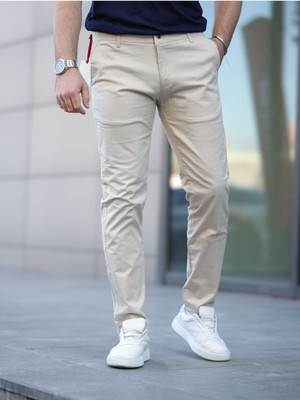 Baselco Slim Fit Keten Pantolon Erkek 4 Cep Özellikli Pamuk-Elastan Kumaş Krem Renkli Model