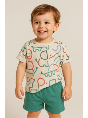 Dinamik çocuk Erkek Bebek Fil Desenli Renkli Elephant 2li Yazlık Takım Alt Üst 6-9-12AYLIK