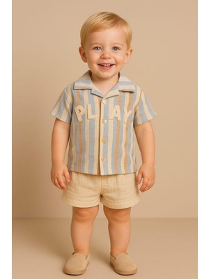 Dinamik çocuk Erkek Bebek/çocuk Play Nakışlı Gömlek Şort 2li Takım Ham Keten Yazlık Kumaş 3-6-9-12-19-24AYLIK