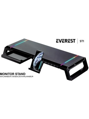 Everest St1 4 USB Hub Rgb Işıklı Katlanabilir Yükseklik Ayarlı Siyah Monitör Standı