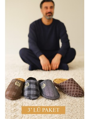 ModaFrato 3'lü Paket Oxford Erkek Terlik Ev Terliği Kışlık Yumuşak Tabanlı