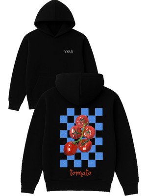 Vsrn Tomato Tasarım Baskılı Oversize Siyah Kapüşonlu Sweatshirt