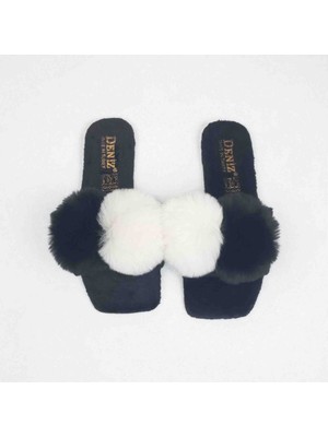 Moda Fiesta Kadın Tüylü Ev Terliği Ponponlu Şık Rahat Günlük Çeyizlik Terlik