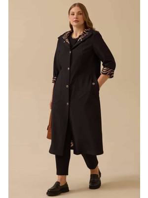 Galaxi Kadın Büyük Beden Astarlı Cepli Pardesü - Siyah