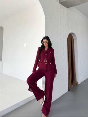 Bella Breeze Kadın Kemerli Gold Düğmeli Ceket Palazzo Pantolon Takım Elbise