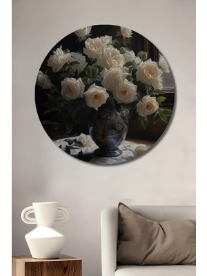Teona Ahşap Dekoratif Ahşap Yuvarlak Tablo Beyaz Güller Vazosu
