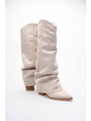 Mubiano Kadın Süet Çizme Körüklü Çekme Western Bej Merina