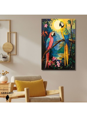 Gaagart Tekli Dikey Kanvas Tablo Ağaç Dalında Iki Papağan Pembe ve Sarı