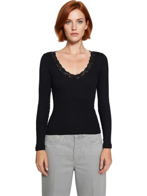 Ersefa Kadın V Yaka Dantel Detaylı Pamuklu Esnek Örme Bluz Kaliteli Şık Rahat Modern Zarif Günlük