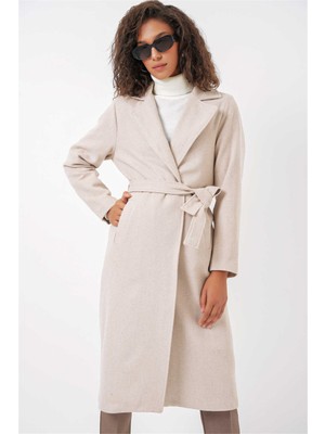 Bigdart Bıgdart K26 9118 Krem Kadın Kruvaze Yaka Kase Kaban