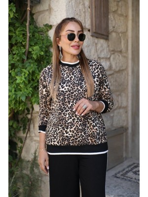 Veraura Lifestyle Kadın Uzun Kollu Bisiklet Yaka Leopar Desenli Iki Iplik Bluz ve Viskon Iki Iplik Pantolon Ikili Takım