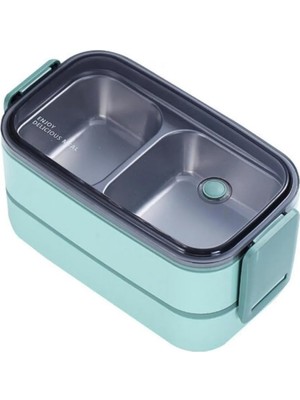 Bento 1400ML Lunchbox Iki Katlı 2 Bölmeli Çelik Sefer Tası Yemek Kutusu (Yeşil)