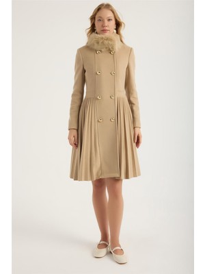 Home Store Dik Yaka Kürklü 8 Düğme Pliseli Kaban