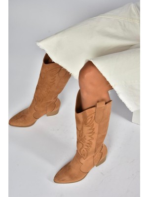 Fox Shoes V820356002 Taba Süet Kalın Topuklu Kadın Çizme