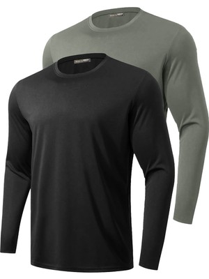 Ghassy Co. 2'li Paket Erkek %100 Pamuklu Likralı Spor Koşu Günlük Antrenman Uzun Kollu Penye T-Shirt