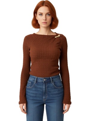 Ersefa Kadın Vücuda Oturan Dokulu Uzun Kollu Asimetrik Yaka Örme Bluz Kaliteli Şık Rahat Modern Zarif