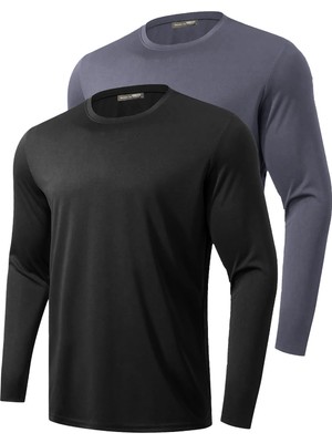 Ghassy Co. 2'li Paket Erkek %100 Pamuklu Likralı Spor Koşu Günlük Antrenman Uzun Kollu Penye T-Shirt