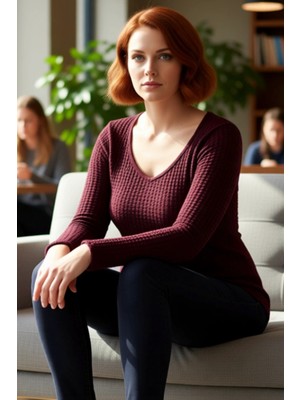 FRM Kadın Gofre Dokulu V Yaka Uzun Kollu Örme Üst Kaliteli Şık Rahat Modern Zarif Günlük