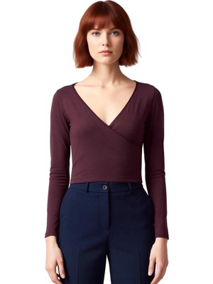 Ersefa Moda Kruvaze Örme Slim Düz Desen Casual Günlük Crop Uzun Kol Bluz