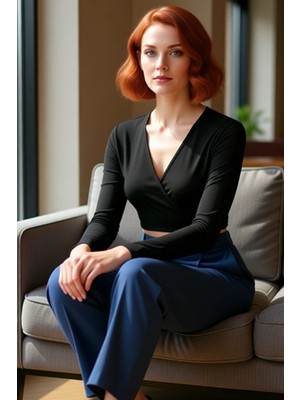 FRM Kadın Moda Şık Üst Giyim Crop Kruvaze Yaka Slim Kalıp Örme Yaka Fitted Vücuda Oturan Esnek Bluz