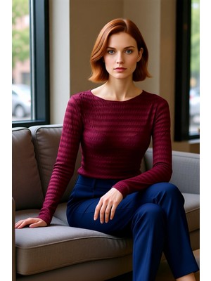FRM Kadın Moda Şık Regular Bisiklet Yaka Slim Kalıp Örme Fitted Vücuda Oturan Dokulu Tül Esnek Bluz