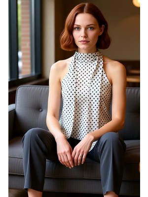 FRM Kadın Desenli Askılı Tül Bluz Kaliteli Şık Rahat Modern Zarif Günlük