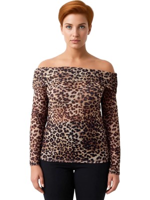 Ersefa Büyük Beden Carmen Yaka Uzun Kollu Animal Desenli Örme Bluz Kaliteli Şık Rahat Modern Zarif