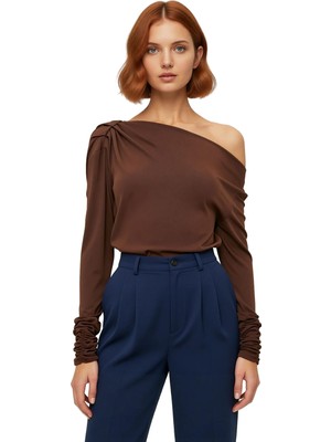 Ersefa Moda Asimetrik Yaka Örme Regular Düz Desen Resmi Regular Uzun Kol Bluz