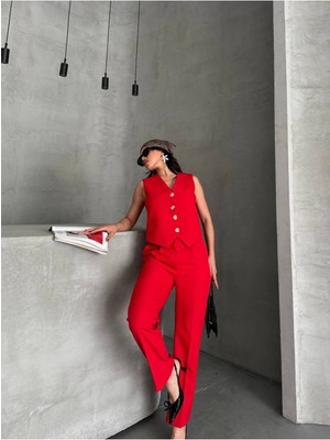 Bella Breeze Kadın Alt Üst Takım Şık Taş Düğme Detaylı Premium Yelek Pantolon Ikili Takım Elbise