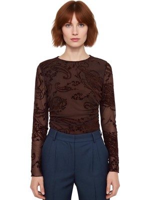 Ersefa Kadın Desenli Tül Uzun Kollu Bisiklet Yaka Örme Üst Kaliteli Şık Rahat Modern Zarif Günlük