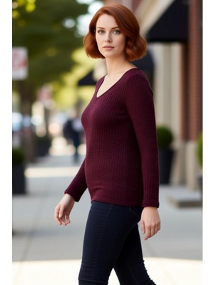 PayBuy Kadın Gofre Dokulu V Yaka Uzun Kollu Örme Kaliteli Şık Rahat Modern Zarif Günlük