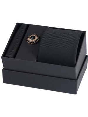 Esgue Hand Made Desenli Siyah Kravat & Mendil & Gold Renk Siyah Taşlı Yaka Broşu Hediye Seti