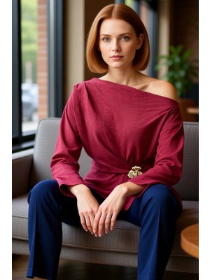 FRM Kadınlar Için Düşük Kol Fermuarlı Dokuma Kumaş Bluz Kaliteli Şık Rahat Modern Zarif Günlük