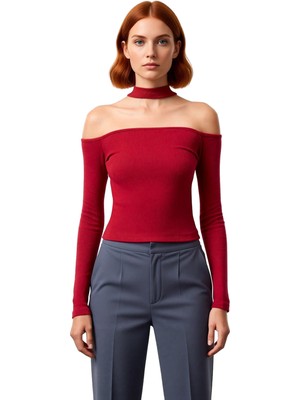 Ersefa Stil Kadın Carmen Yaka Choker Detaylı Fitted Vücuda Oturan Fitilli Bluz Crop Örme Slim Kalıp