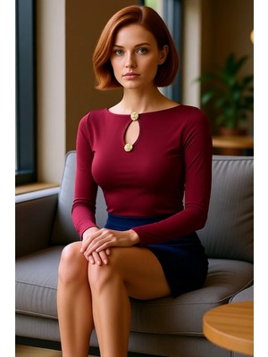 FRM Kadınlar Için Uzun Kollu Fitted Anahtar Deliği Yaka Aksesuar Detaylı Örme Üst Kaliteli Şık