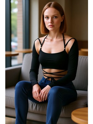 FRM Kadınlar Için Çapraz Bağlamalı Detaylı Crop Üst Kaliteli Şık Rahat Modern Zarif Günlük