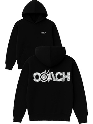 Vsrn Coach Ok Tasarım Baskılı Oversize Siyah Kapüşonlu Sweatshirt