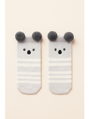 Bebek Ponpon Aksesuarlı Sevimli Koala Desenli Soket Çorap Gri