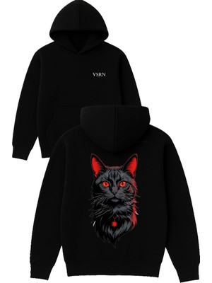 Vsrn Kırmızı Siyah Kedi Tasarım Baskılı Oversize Siyah Kapüşonlu Sweatshirt