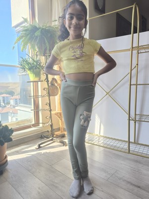 Şimo Butik Kız Çocuk Tayt Kışlık Pamuklu Beli Lastikli Oyuncak Ayılı Yeşil