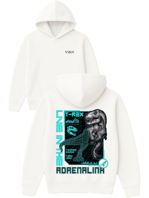 Vsrn T Rex Tasarım Baskılı Oversize Beyaz Kapüşonlu Sweatshirt