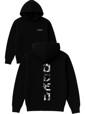 Vsrn Oden Tasarım Baskılı Oversize Siyah Kapüşonlu Sweatshirt